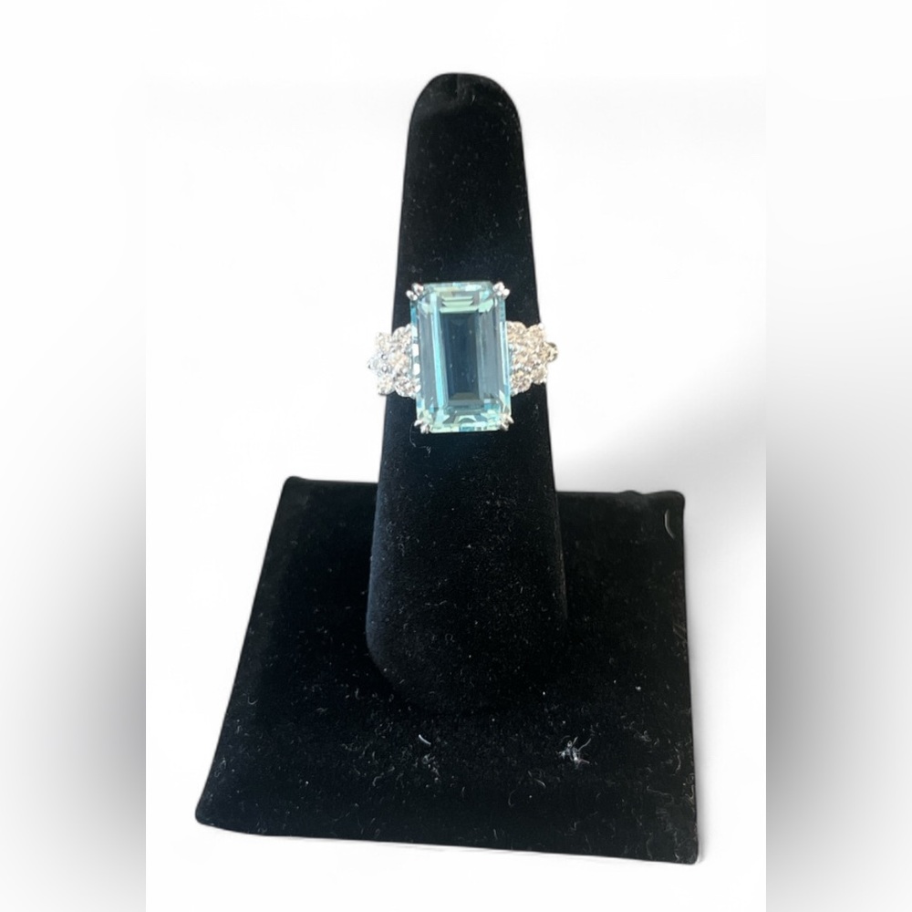 Emerald Cut Aquamarine and Diamond Ring 14K White Gold Size 6.5